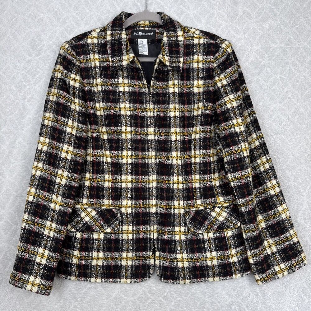 Vtg Tweed Jacket Womens 14 Tartan Plaid Full Zip Preppy Old Money Academia Retro